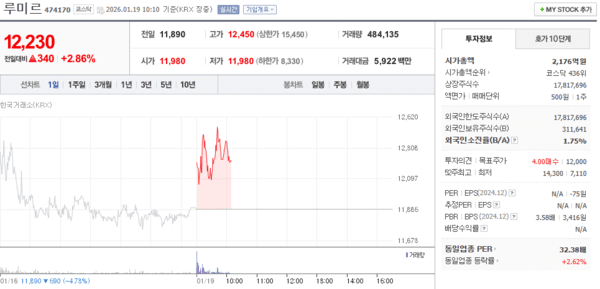 루미르 주가, 1월 19일 장중 12,230원 2.86% 상승 - 뉴스 썸네일 이미지